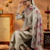 Women Beige Yoke Design Silk Blend Straight Suit With Dupatta - Image 2