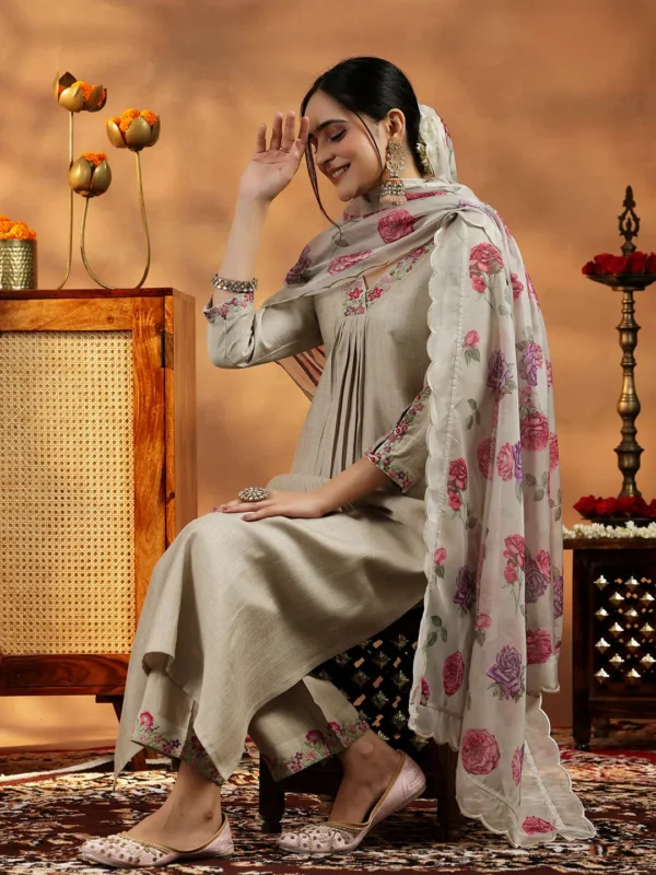 Women Beige Yoke Design Silk Blend Straight Suit With Dupatta - Image 2
