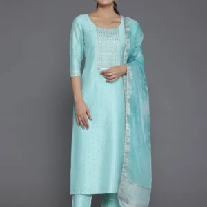 Women Turquoise Yoke Design Silk Blend Straight Suit With Dupatta