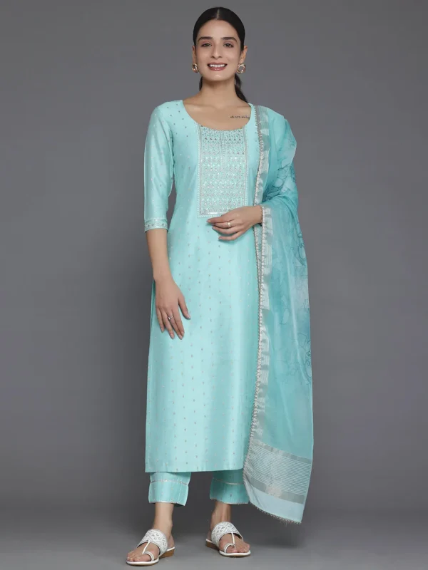Women Turquoise Yoke Design Silk Blend Straight Suit With Dupatta