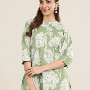 Women Green Printed Cotton Straight Short Kurti
