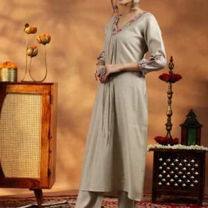 Women Beige Yoke Design Silk Blend Straight Suit With Dupatta
