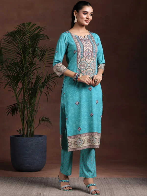 Women Blue Printed Poly Crepe Straight Suit With Dupatta - Image 5