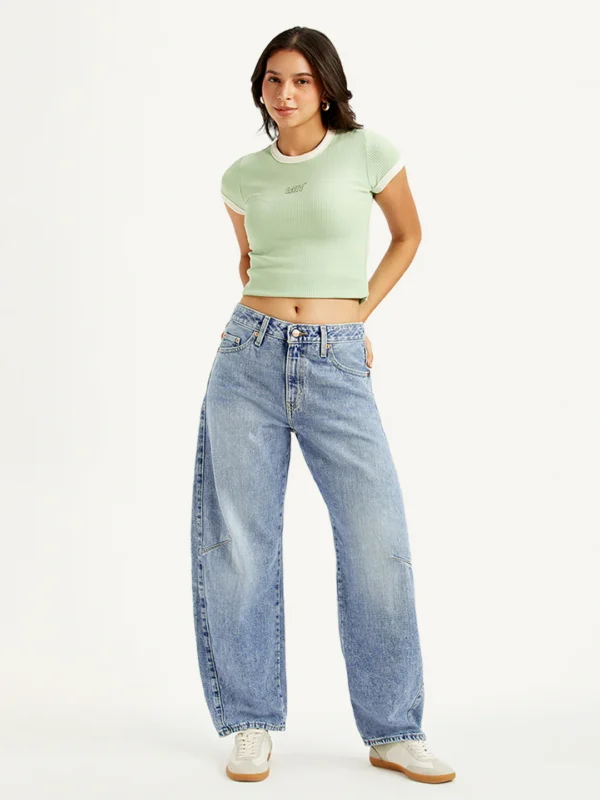 Women's Mid Rise Baggy Dad Barrel Light Blue Jeans - Image 2