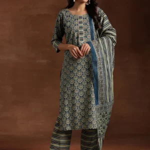Women Blue Printed Cotton Straight Suit With Dupatta
