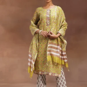 Women Yellow Printed Cotton Straight Suit With Dupatta