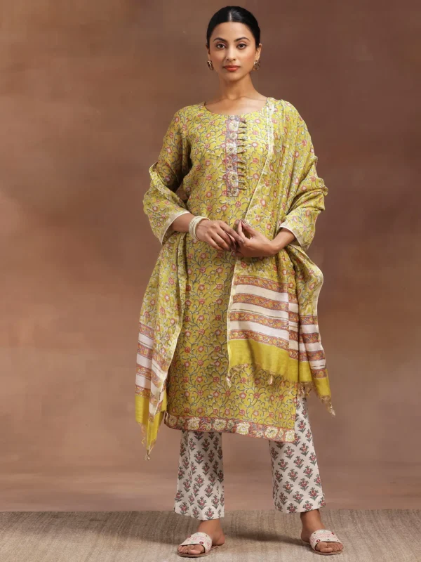 Women Yellow Printed Cotton Straight Suit With Dupatta