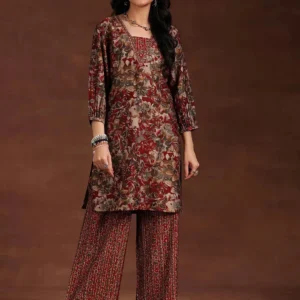Women Maroon Printed Silk Blend Straight Kurta Set