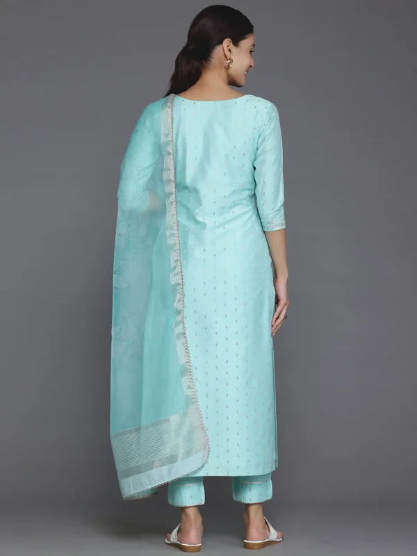Women Turquoise Yoke Design Silk Blend Straight Suit With Dupatta - Image 5