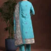 Women Blue Printed Poly Crepe Straight Suit With Dupatta - Image 4