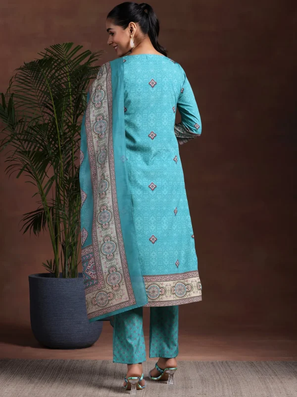 Women Blue Printed Poly Crepe Straight Suit With Dupatta - Image 4