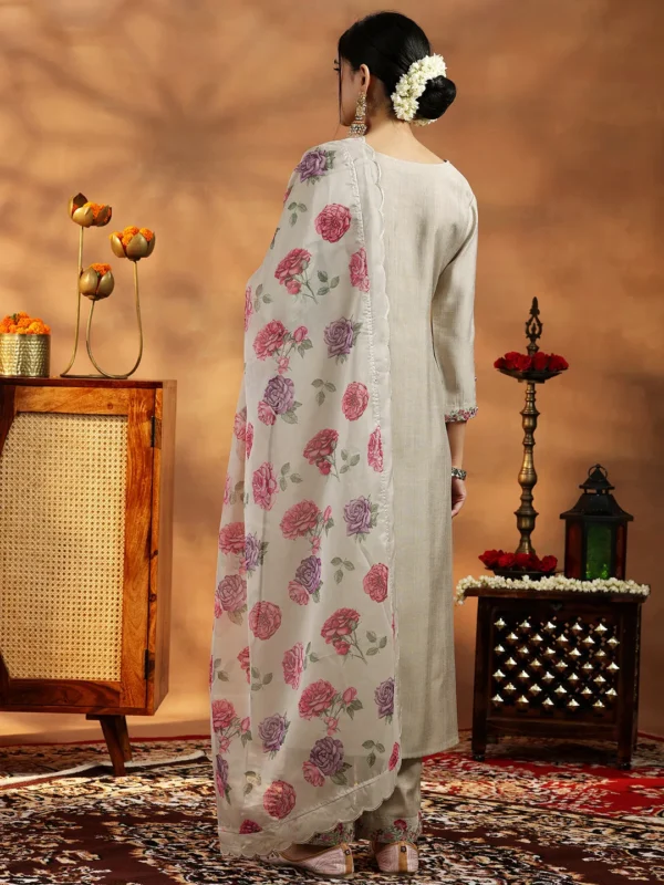 Women Beige Yoke Design Silk Blend Straight Suit With Dupatta - Image 6