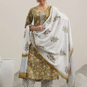 Women Mustard Printed Cotton Straight Suit With Dupatta