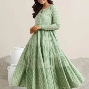 Women Green Printed Cotton Anarkali Suit With Dupatta