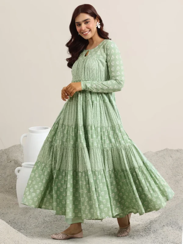 Women Green Printed Cotton Anarkali Suit With Dupatta