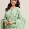 Women Green Printed Cotton Anarkali Suit With Dupatta - Image 2