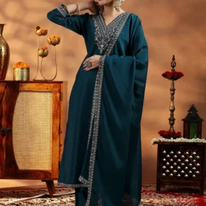 Women Navy Blue Yoke Design Silk Blend Straight Suit With Dupatta