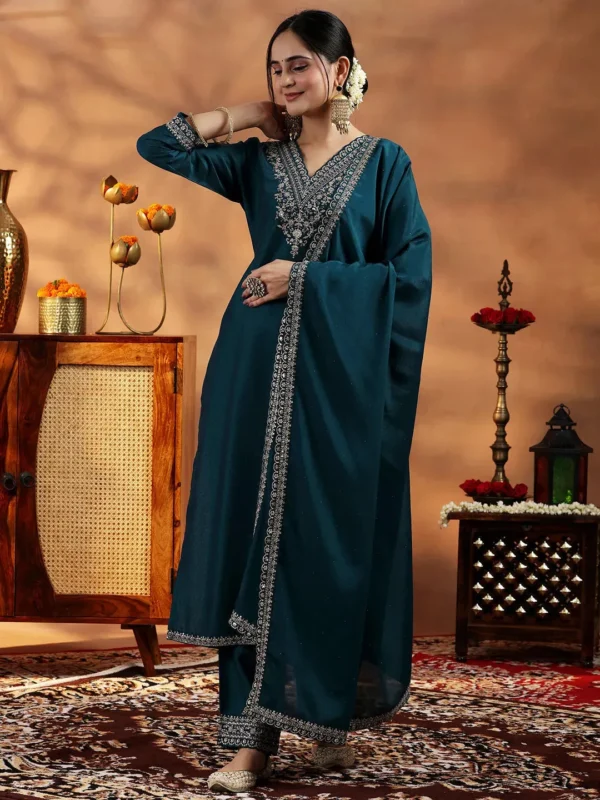 Women Navy Blue Yoke Design Silk Blend Straight Suit With Dupatta