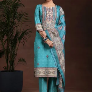 Women Blue Printed Poly Crepe Straight Suit With Dupatta
