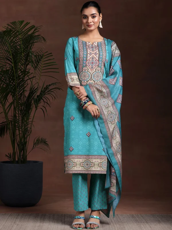 Women Blue Printed Poly Crepe Straight Suit With Dupatta
