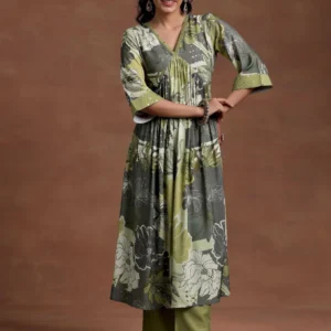 Women Green Printed Rayon A-Line Kurta With Trousers