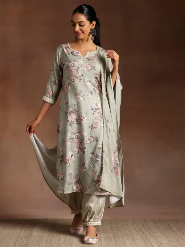 Women Green Printed Cotton Straight Suit With Dupatta - Image 7