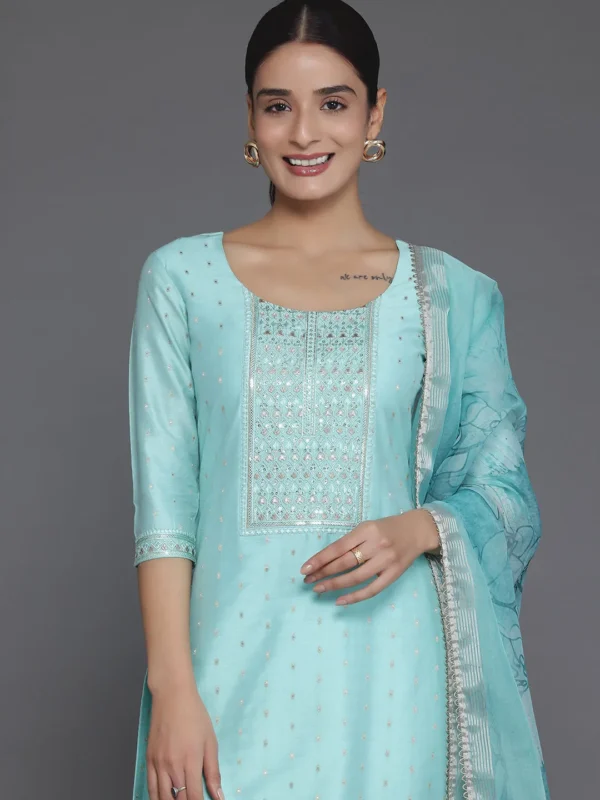 Women Turquoise Yoke Design Silk Blend Straight Suit With Dupatta - Image 2