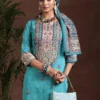 Women Blue Printed Poly Crepe Straight Suit With Dupatta - Image 2
