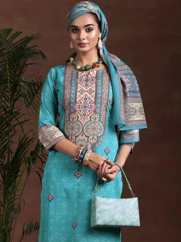 Women Blue Printed Poly Crepe Straight Suit With Dupatta - Image 2