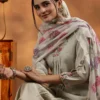 Women Beige Yoke Design Silk Blend Straight Suit With Dupatta - Image 4