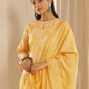 Yellow Printed Cotton Blend Straight Suit With Dupatta