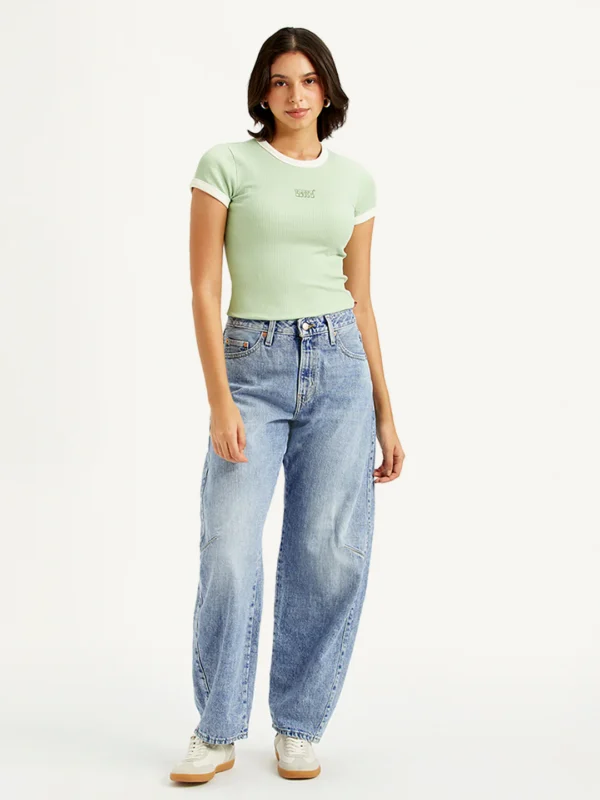 Women's Mid Rise Baggy Dad Barrel Light Blue Jeans