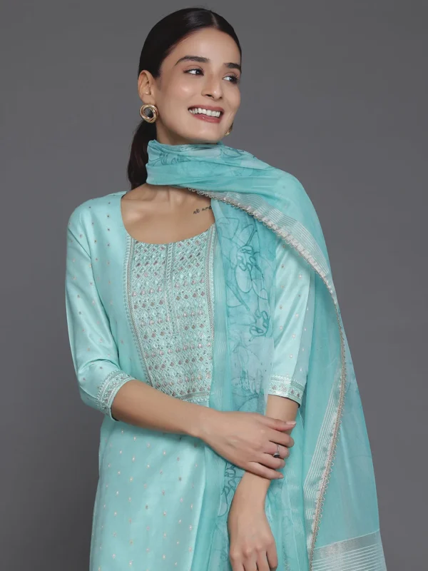 Women Turquoise Yoke Design Silk Blend Straight Suit With Dupatta - Image 3