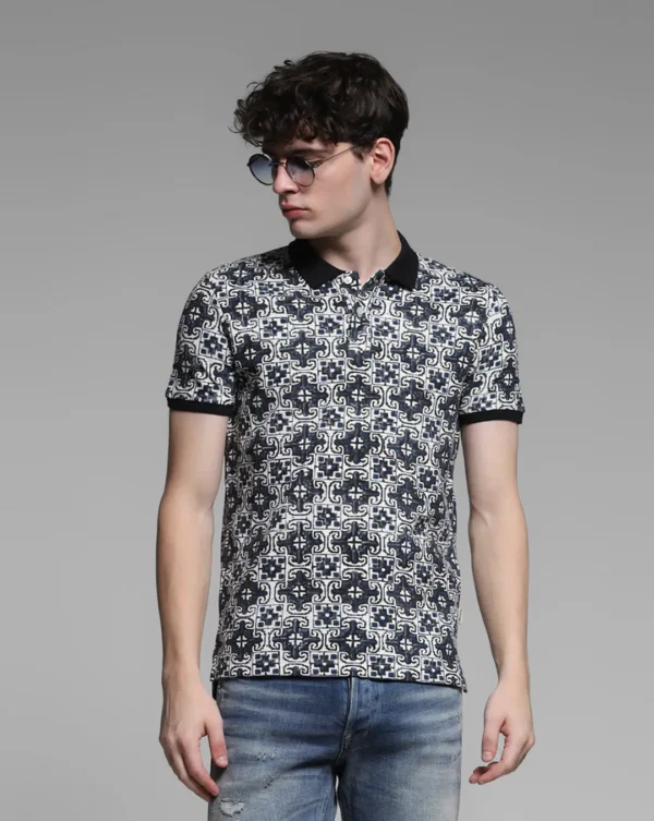 Men Blue Embroidered Abstract Print Polo - Image 6