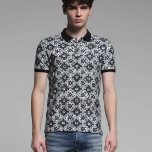 Men Blue Embroidered Abstract Print Polo