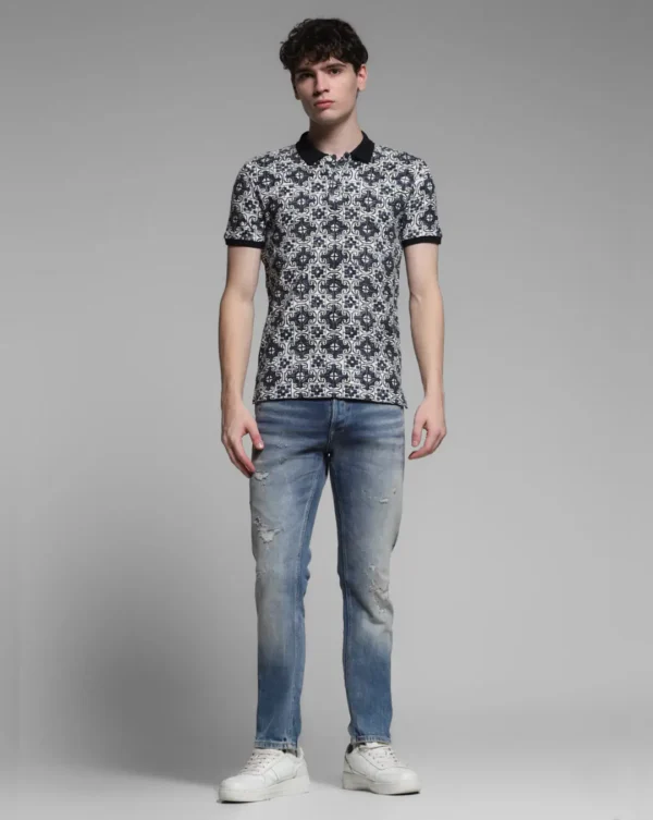 Men Blue Embroidered Abstract Print Polo - Image 2