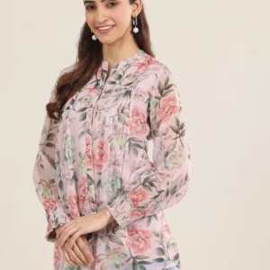 Women Pink Printed Chiffon Straight Short Kurti