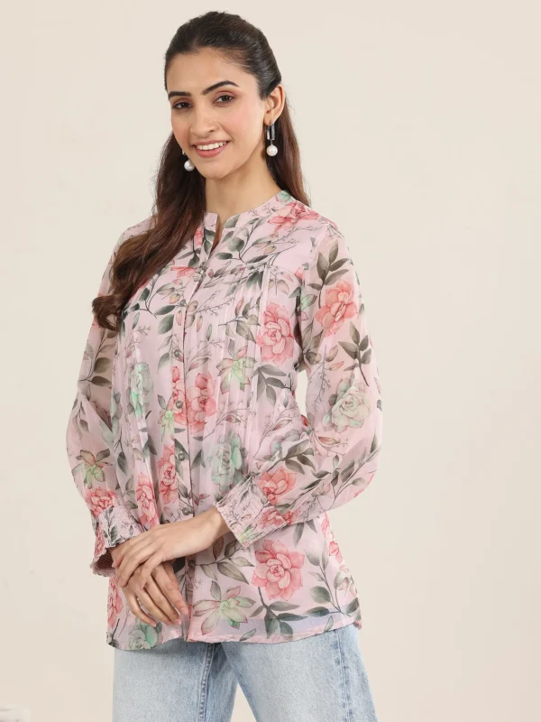 Women Pink Printed Chiffon Straight Short Kurti