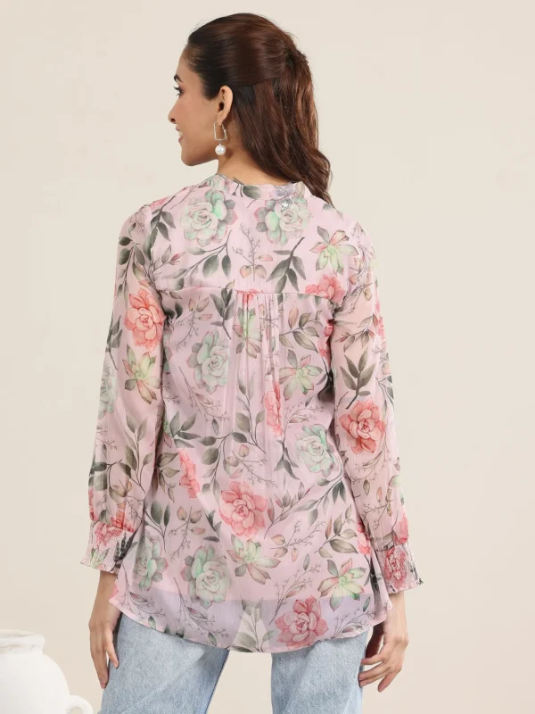 Women Pink Printed Chiffon Straight Short Kurti - Image 5