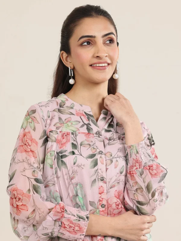 Women Pink Printed Chiffon Straight Short Kurti - Image 3