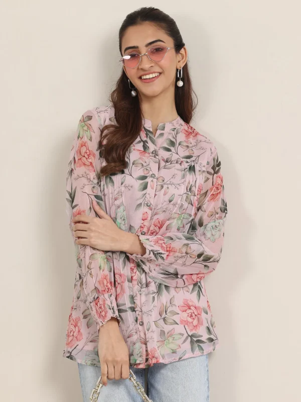 Women Pink Printed Chiffon Straight Short Kurti - Image 2