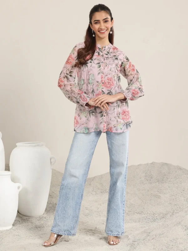 Women Pink Printed Chiffon Straight Short Kurti - Image 4