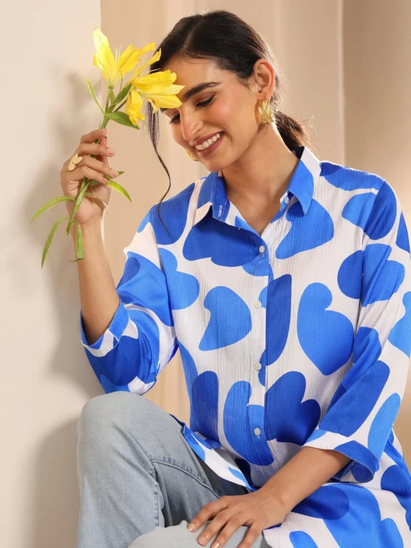 Women White Printed Silk Blend Straight Top - Image 3