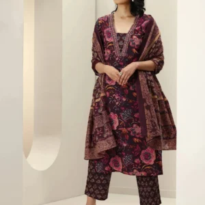 Women Burgundy Printed Cotton Straight Suit Sets With Dupatta