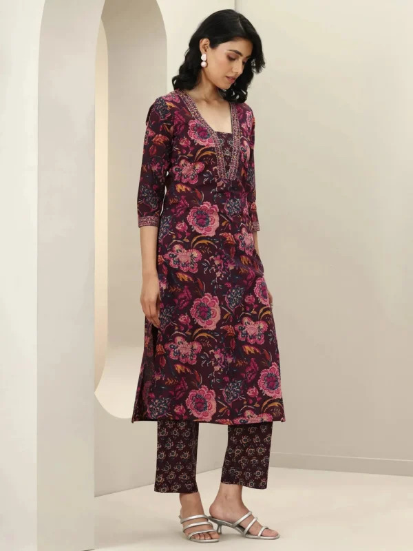 Women Burgundy Printed Cotton Straight Suit Sets With Dupatta - Image 7