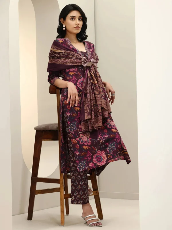 Women Burgundy Printed Cotton Straight Suit Sets With Dupatta - Image 3