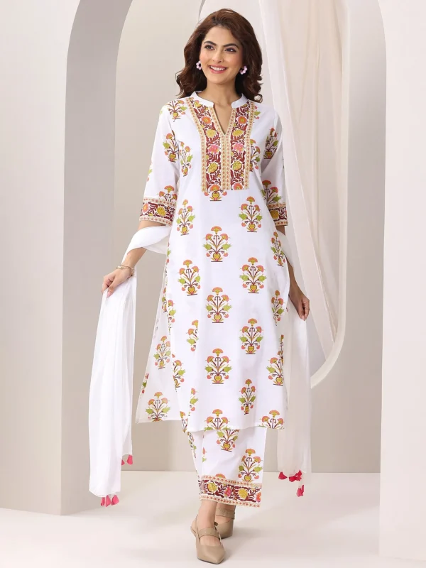 Women White Printed Cotton Blend Straight Suit Set With Dupatta - Image 4