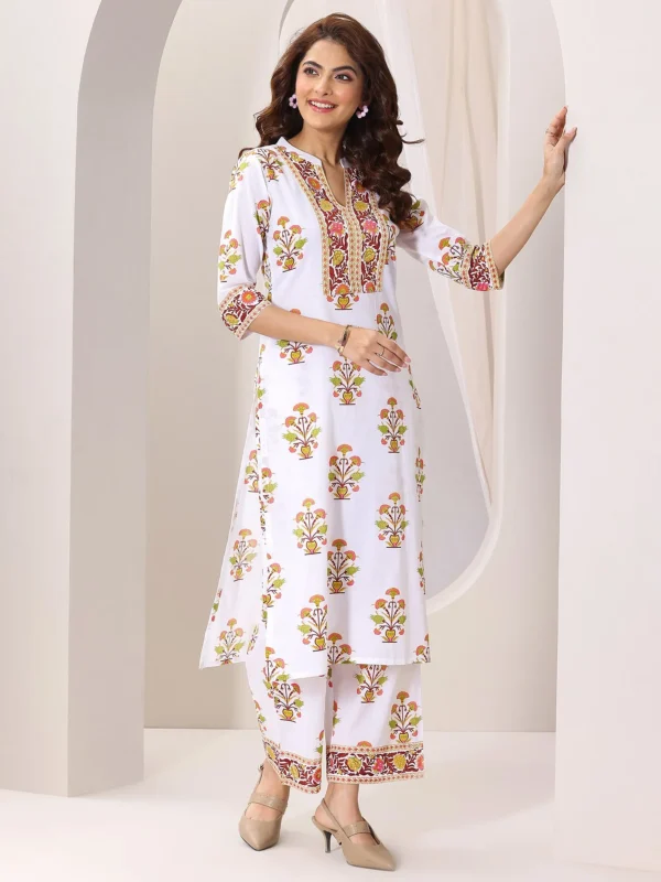 Women White Printed Cotton Blend Straight Suit Set With Dupatta - Image 6