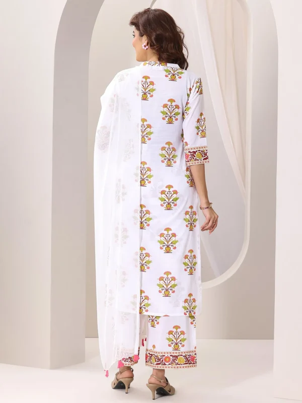 Women White Printed Cotton Blend Straight Suit Set With Dupatta - Image 5