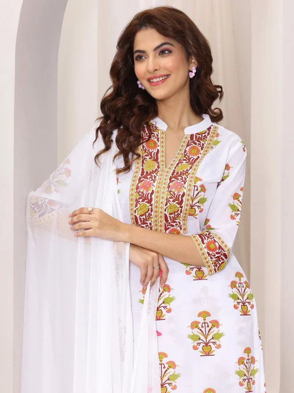 Women White Printed Cotton Blend Straight Suit Set With Dupatta - Image 2